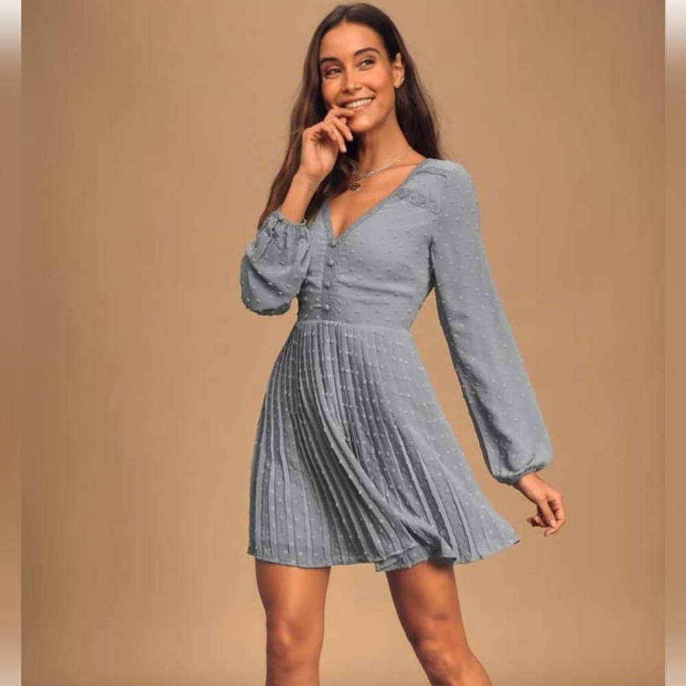 NWT Lulus Dusty Blue Long Sleeve Pleated Mini Dress // Size XS
